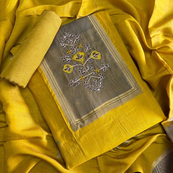 Premium Chanderi Cotton Unstitched Suit Set With Dori Embroidery - N41003-1