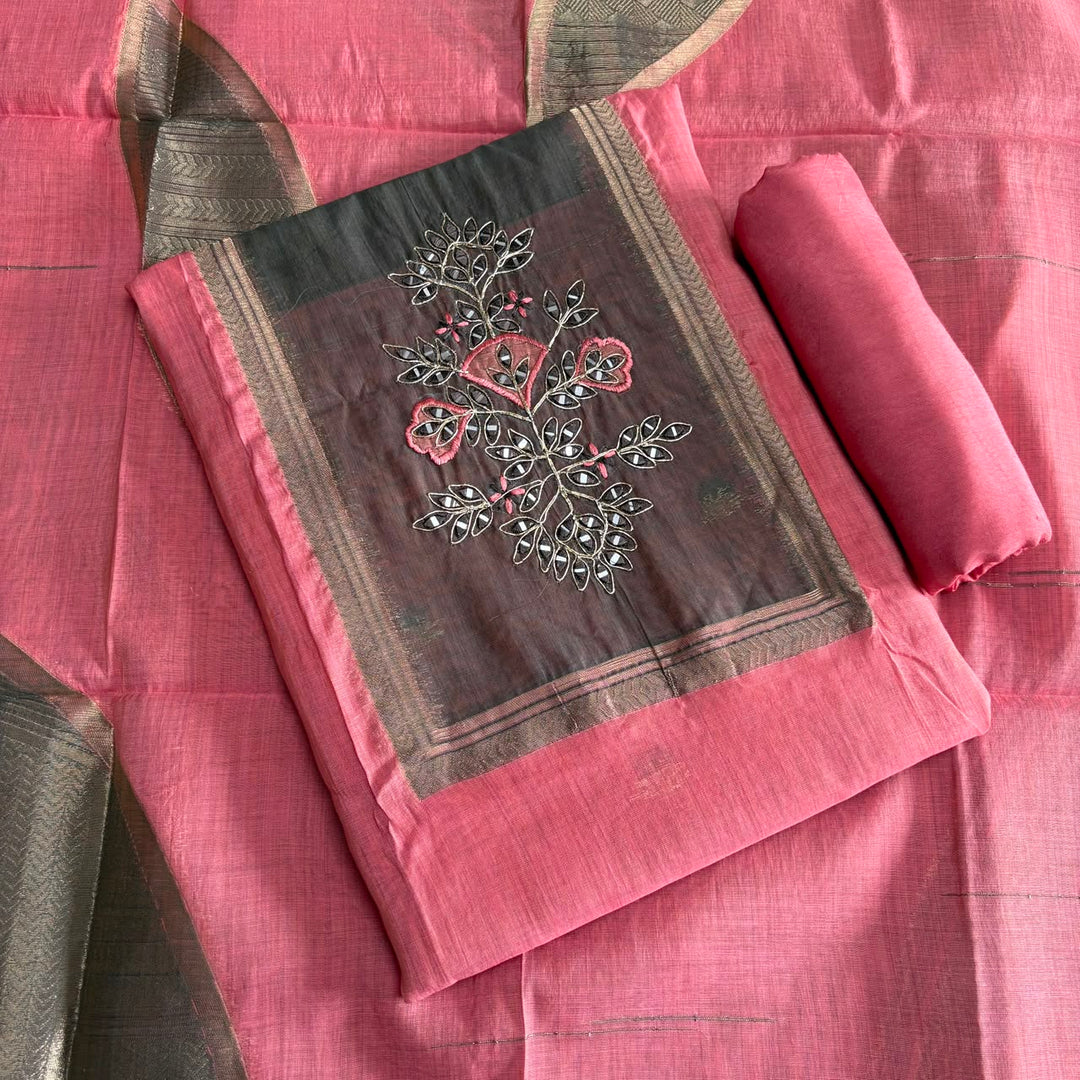 Premium Chanderi Cotton Unstitched Suit Set With Dori Embroidery - N41003-2