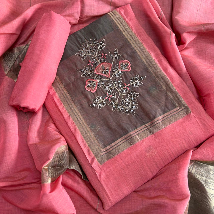 Premium Chanderi Cotton Unstitched Suit Set With Dori Embroidery - N41003-2