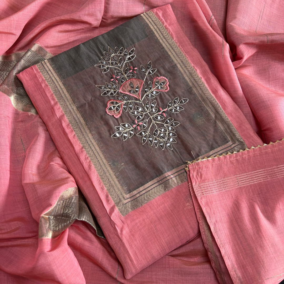 Premium Chanderi Cotton Unstitched Suit Set With Dori Embroidery - N41003-2