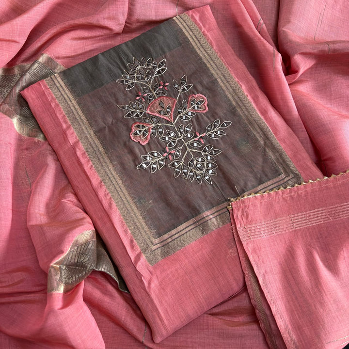 Premium Chanderi Cotton Unstitched Suit Set With Dori Embroidery - N41003-2