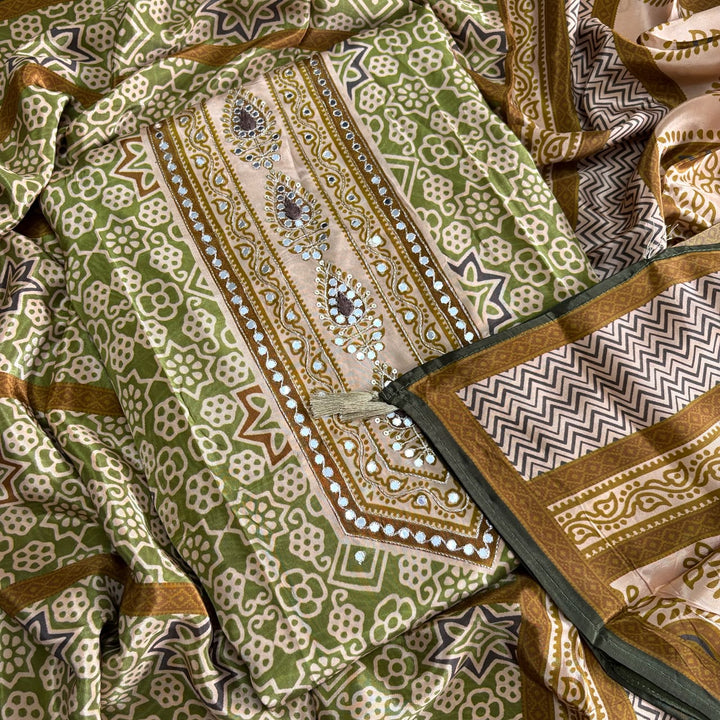 Printed Crepe Mirror & Zari Work Unstitched Suit Set - NY6248-B