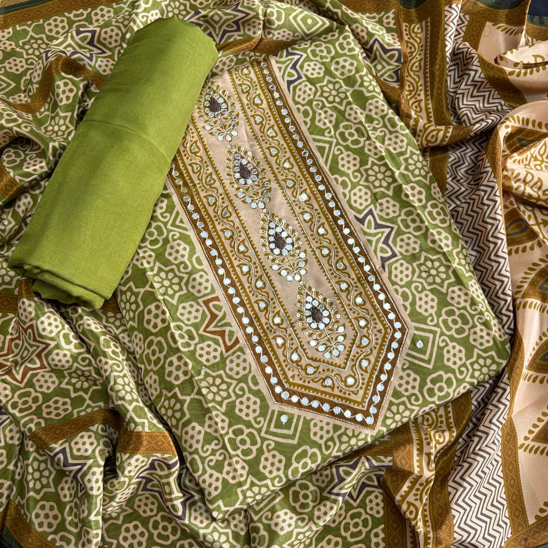 Printed Crepe Mirror & Zari Work Unstitched Suit Set - NY6248-B