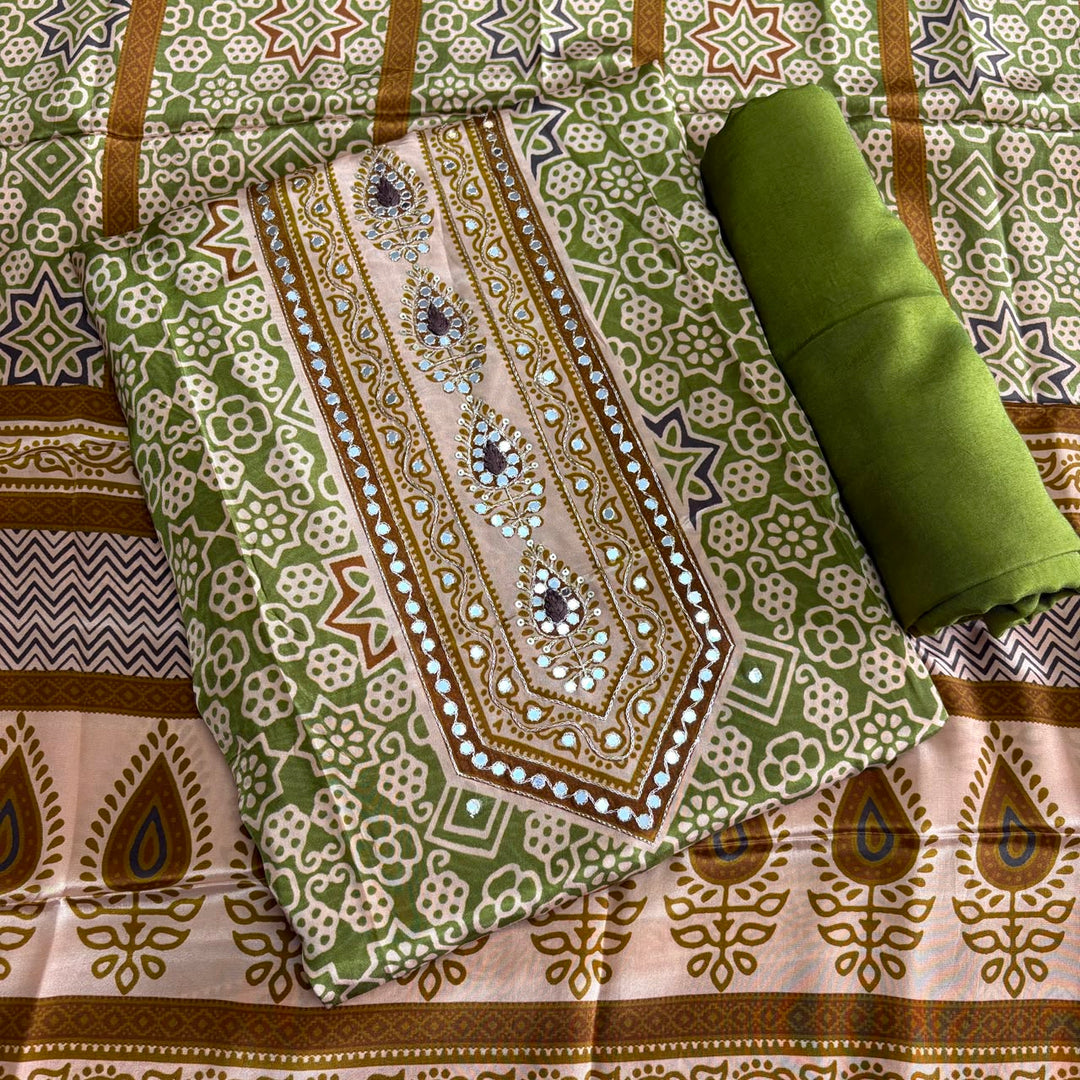 Printed Crepe Mirror & Zari Work Unstitched Suit Set - NY6248-B