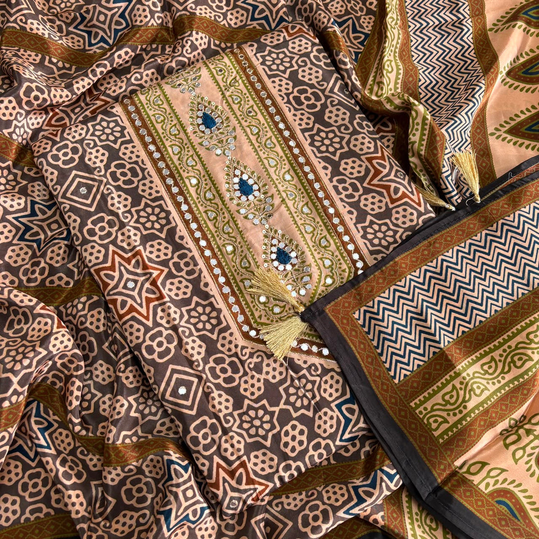 Printed Crepe Mirror & Zari Work Unstitched Suit Set - NY6248-A