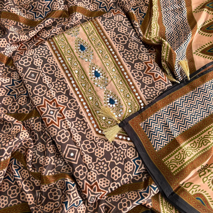 Printed Crepe Mirror & Zari Work Unstitched Suit Set - NY6248-A