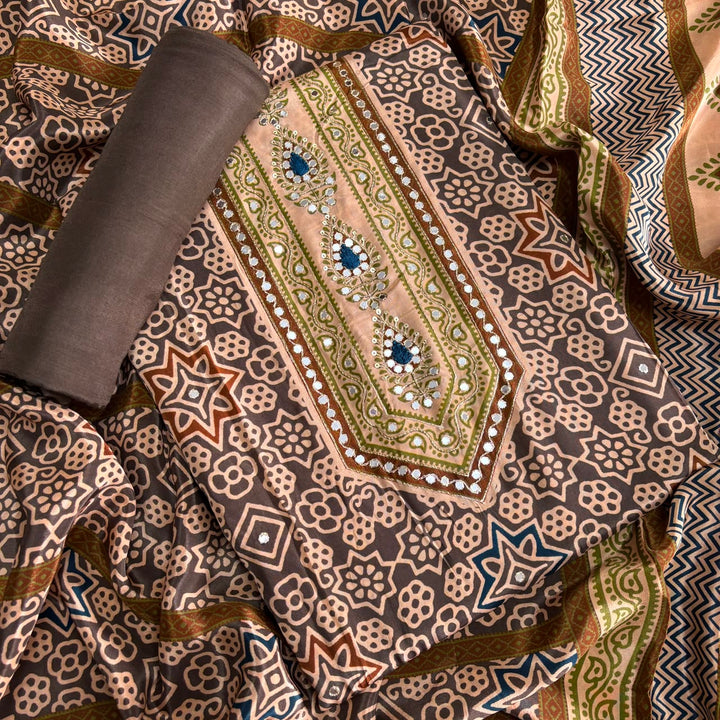 Printed Crepe Mirror & Zari Work Unstitched Suit Set - NY6248-A