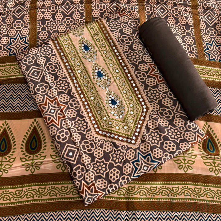 Printed Crepe Mirror & Zari Work Unstitched Suit Set - NY6248-A