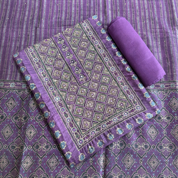 Tigi Silk Zardozi Pearl & Mirror Work Unstitched Suit - NS0865 - C