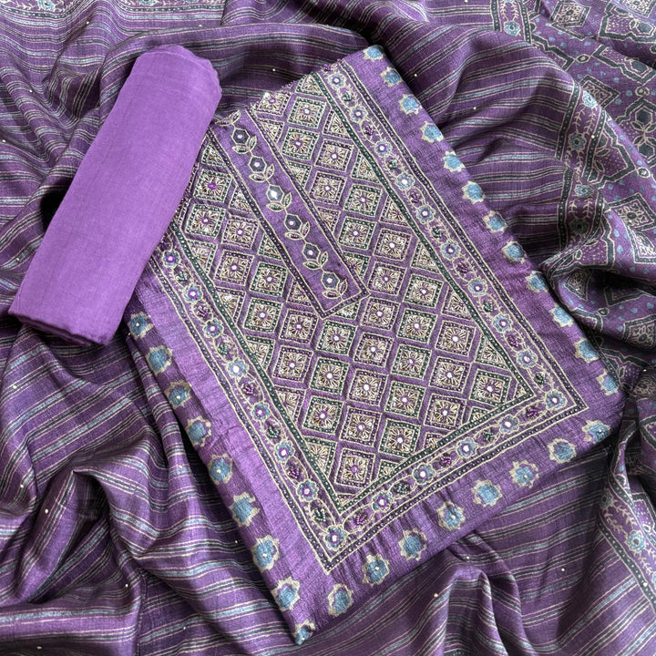 Tigi Silk Zardozi Pearl & Mirror Work Unstitched Suit - NS0865 - C