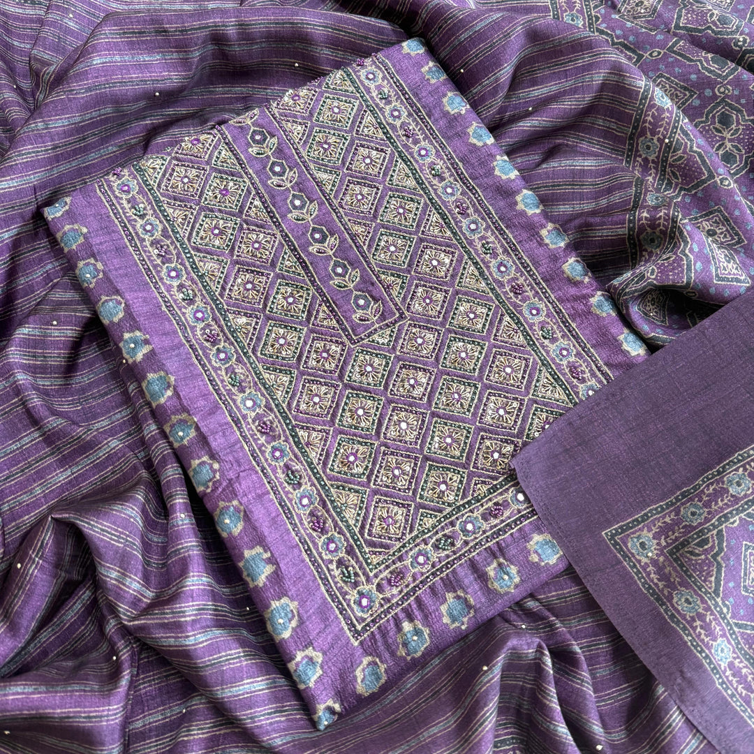 Tigi Silk Zardozi Pearl & Mirror Work Unstitched Suit - NS0865 - C