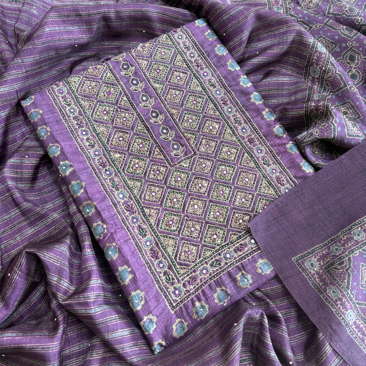 Tigi Silk Zardozi Pearl & Mirror Work Unstitched Suit - NS0865 - C