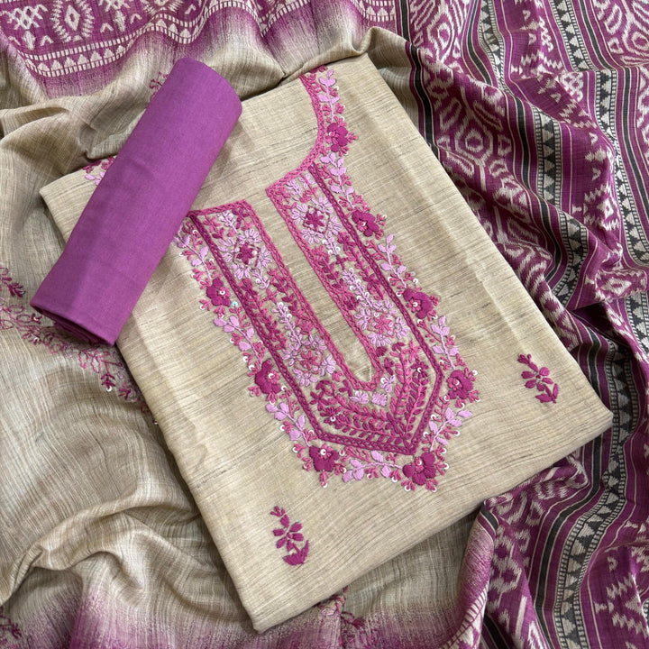 Tigi Silk with Kantha-Style Thread & Sequins Work Unstitched Suit Set - NS0820-1