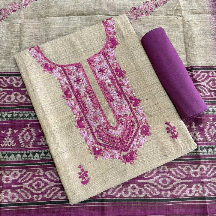 Tigi Silk with Kantha-Style Thread & Sequins Work Unstitched Suit Set - NS0820-1