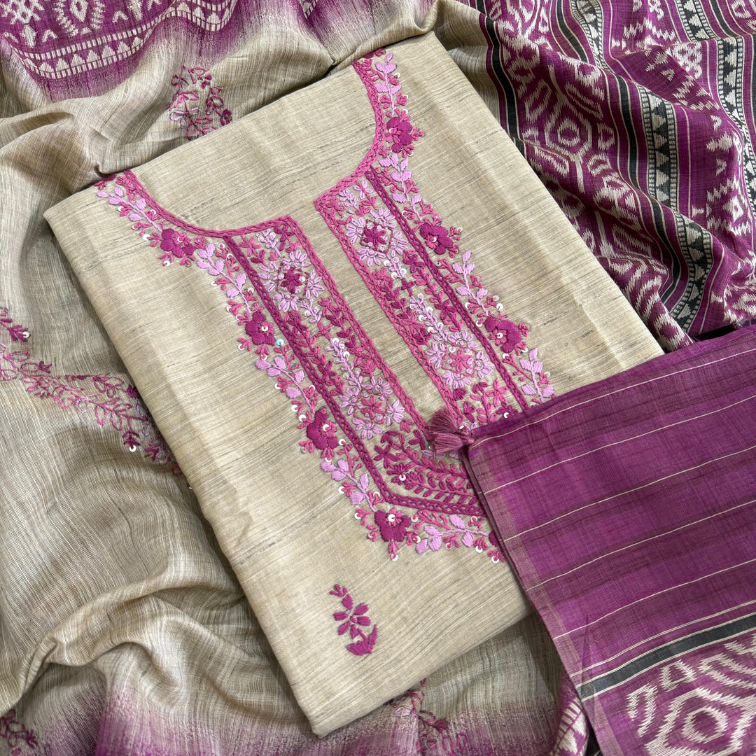 Tigi Silk with Kantha-Style Thread & Sequins Work Unstitched Suit Set - NS0820-1
