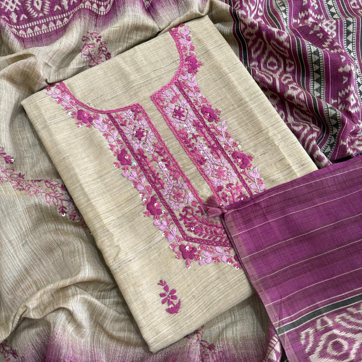 Tigi Silk with Kantha-Style Thread & Sequins Work Unstitched Suit Set - NS0820-1