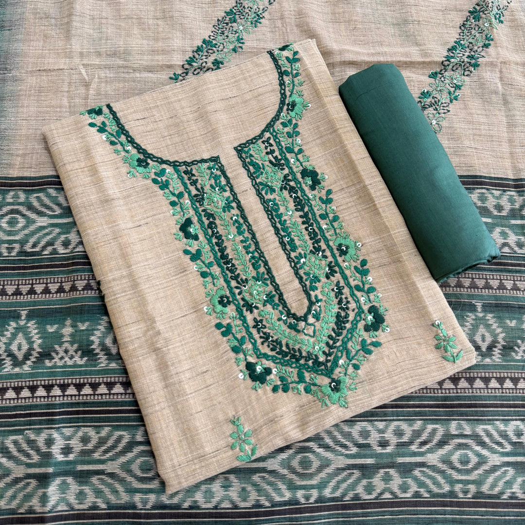 Tigi Silk with Kantha-Style Thread & Sequins Work Unstitched Suit Set - NS0820-2