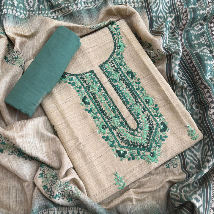 Tigi Silk with Kantha-Style Thread & Sequins Work Unstitched Suit Set - NS0820-2