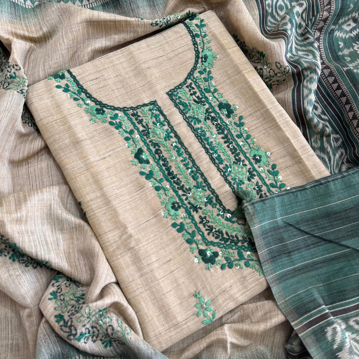 Tigi Silk with Kantha-Style Thread & Sequins Work Unstitched Suit Set - NS0820-2