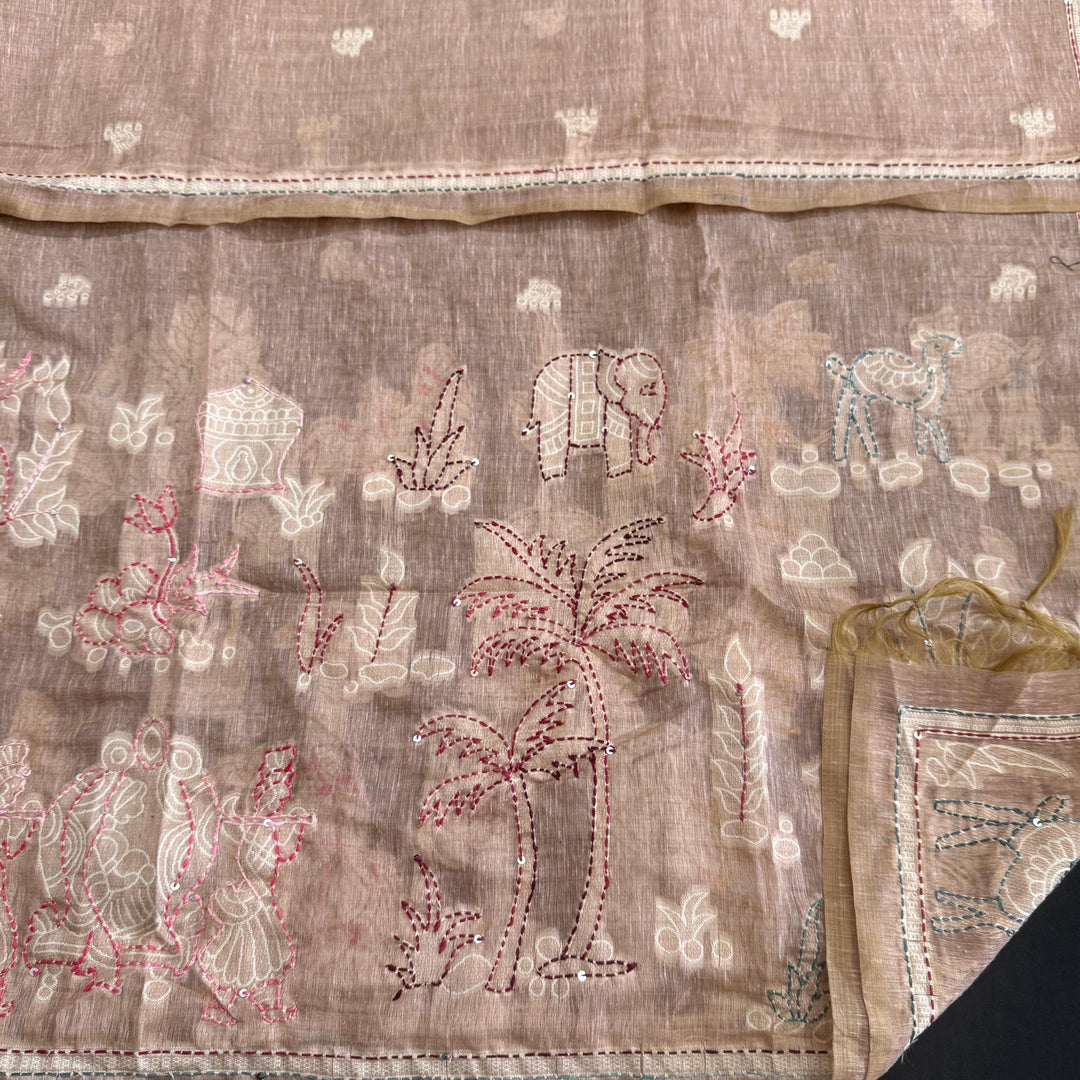 Elegant Chanderi Cotton Mirror & Phulkari Embroidery Unstitched Suit Set - NS0872-3
