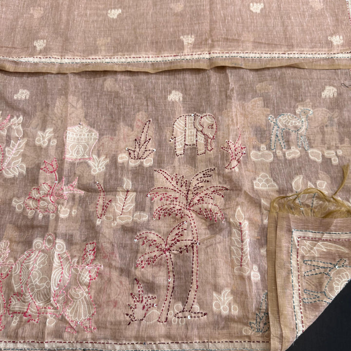 Elegant Chanderi Cotton Mirror & Phulkari Embroidery Unstitched Suit Set - NS0872-3