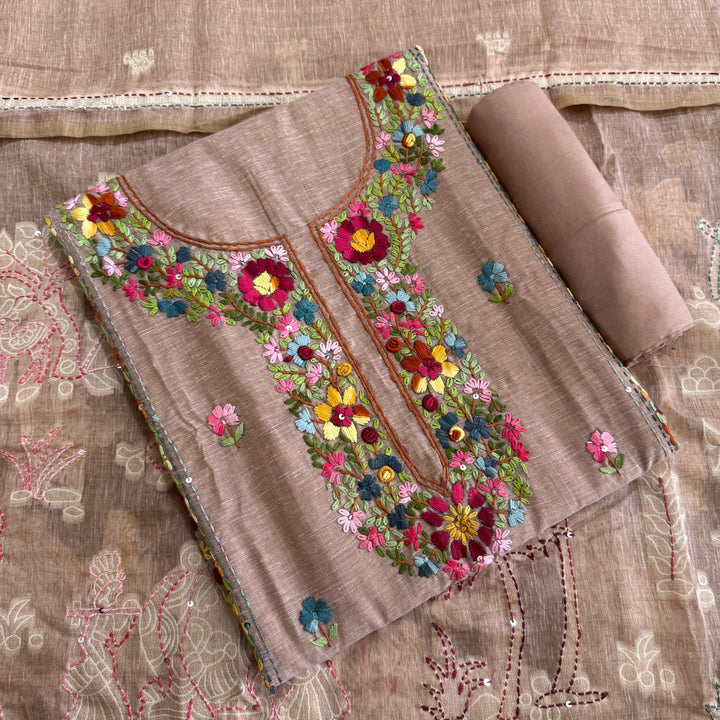 Elegant Chanderi Cotton Mirror & Phulkari Embroidery Unstitched Suit Set - NS0872-3