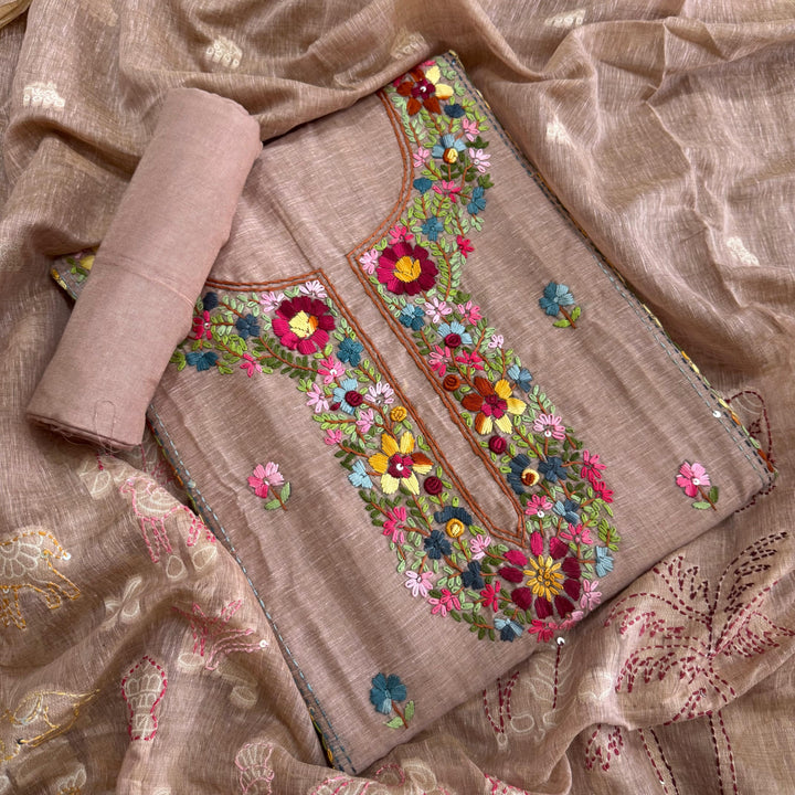 Elegant Chanderi Cotton Mirror & Phulkari Embroidery Unstitched Suit Set - NS0872-3