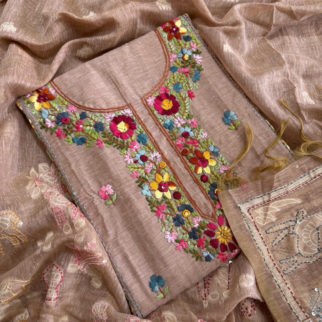 Elegant Chanderi Cotton Mirror & Phulkari Embroidery Unstitched Suit Set - NS0872-3