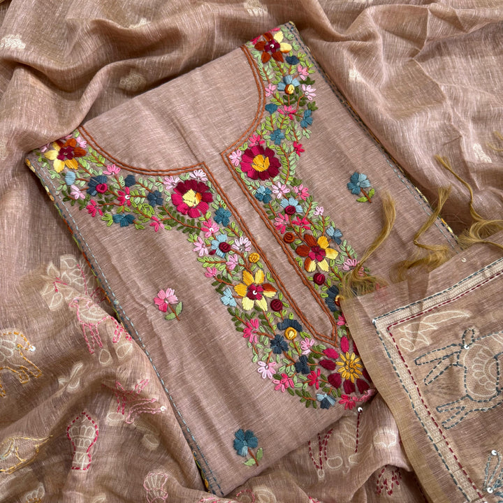 Elegant Chanderi Cotton Mirror & Phulkari Embroidery Unstitched Suit Set - NS0872-3