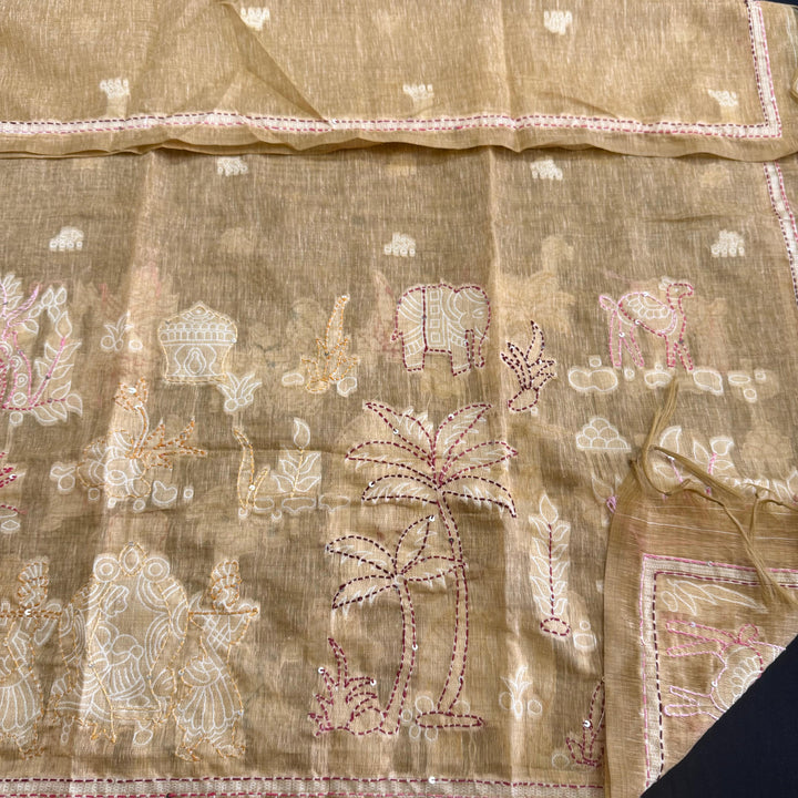 Elegant Chanderi Cotton Mirror & Phulkari Embroidery Unstitched Suit Set - NS0872-1