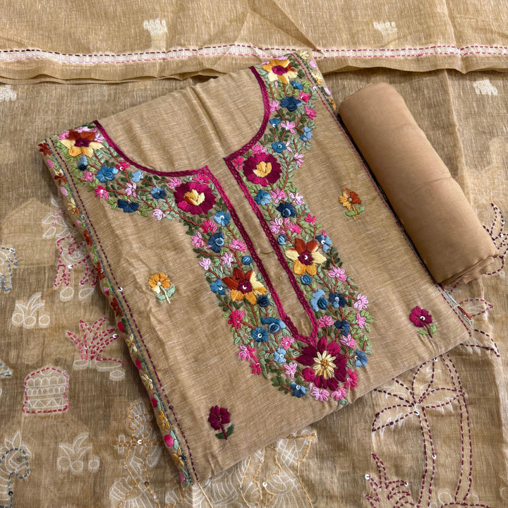 Elegant Chanderi Cotton Mirror & Phulkari Embroidery Unstitched Suit Set - NS0872-1