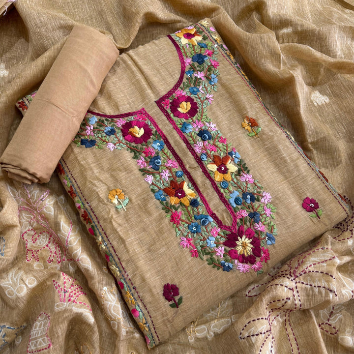Elegant Chanderi Cotton Mirror & Phulkari Embroidery Unstitched Suit Set - NS0872-1
