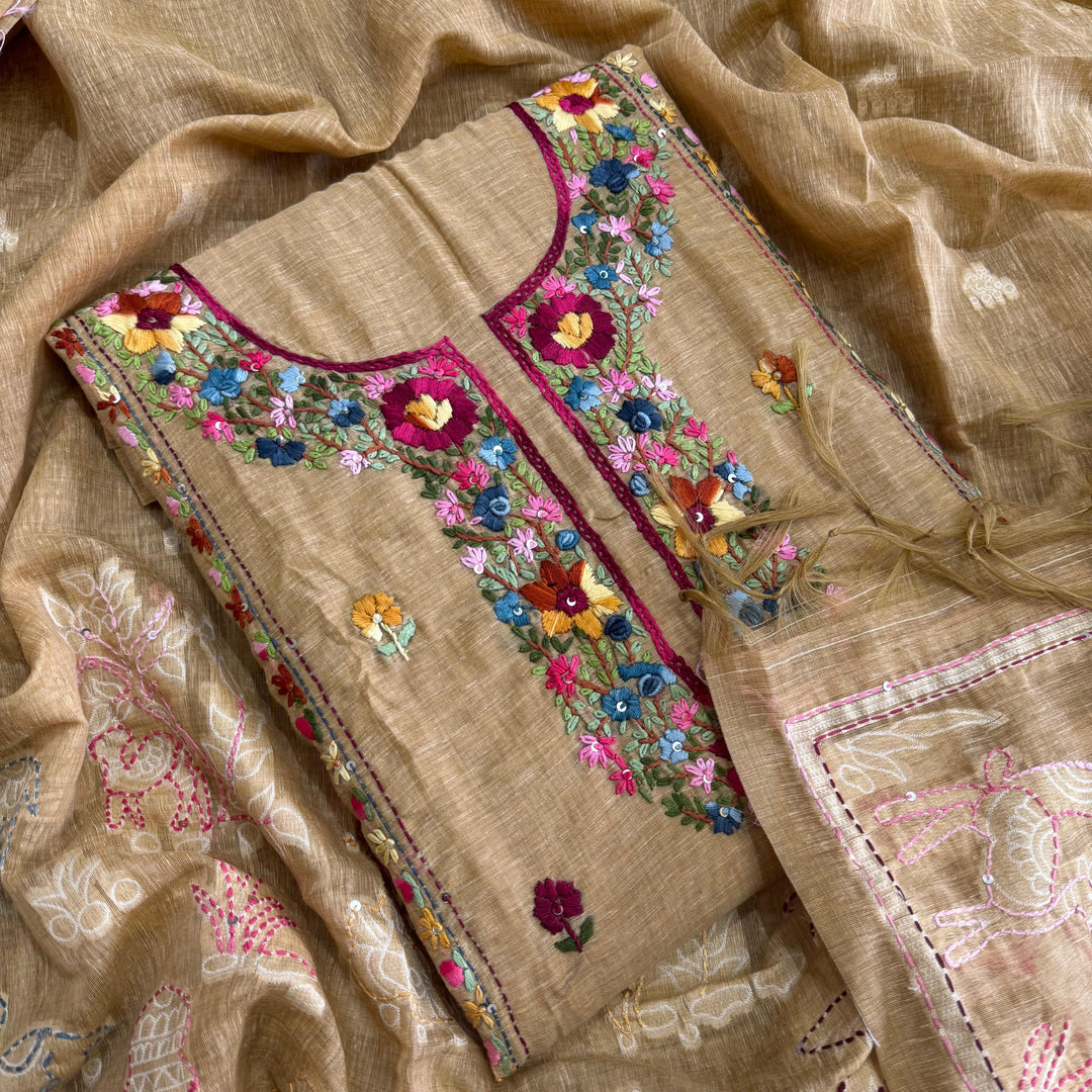 Elegant Chanderi Cotton Mirror & Phulkari Embroidery Unstitched Suit Set - NS0872-1