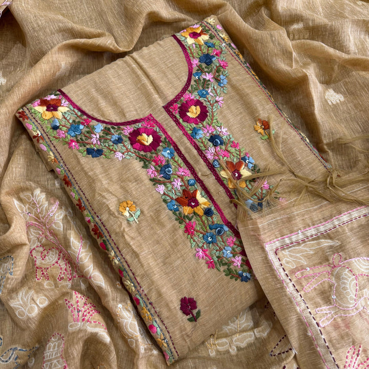 Elegant Chanderi Cotton Mirror & Phulkari Embroidery Unstitched Suit Set - NS0872-1
