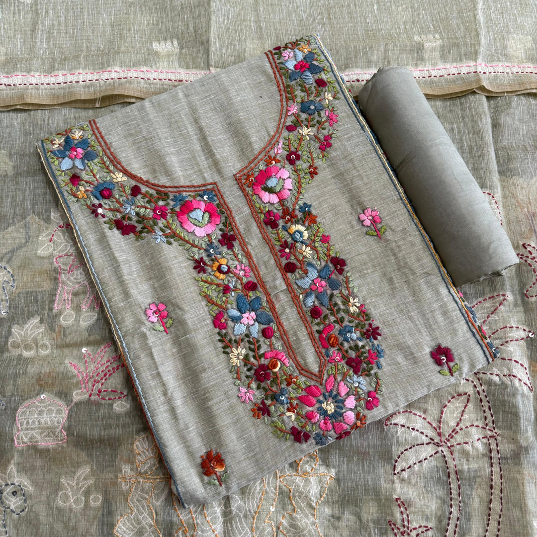 Elegant Chanderi Cotton Mirror & Phulkari Embroidery Unstitched Suit Set - NS0872-4