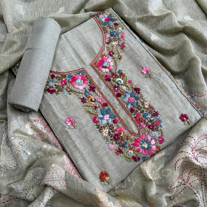 Elegant Chanderi Cotton Mirror & Phulkari Embroidery Unstitched Suit Set - NS0872-4
