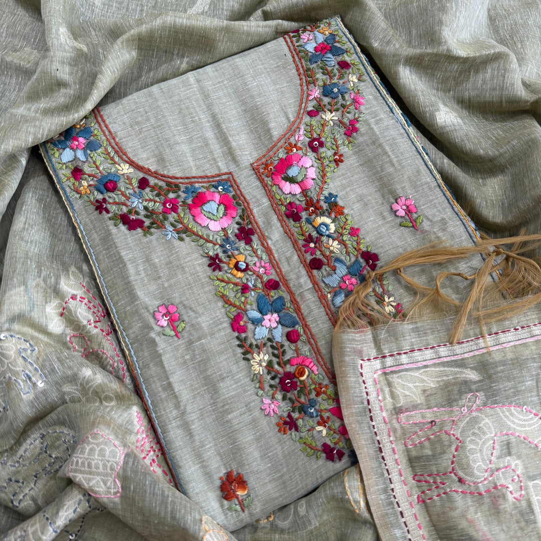 Elegant Chanderi Cotton Mirror & Phulkari Embroidery Unstitched Suit Set - NS0872-4
