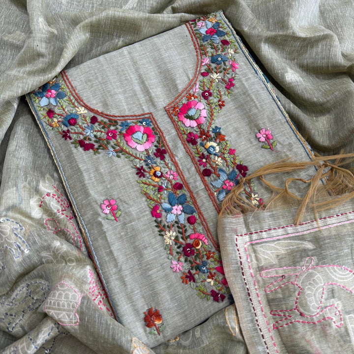 Elegant Chanderi Cotton Mirror & Phulkari Embroidery Unstitched Suit Set - NS0872-4