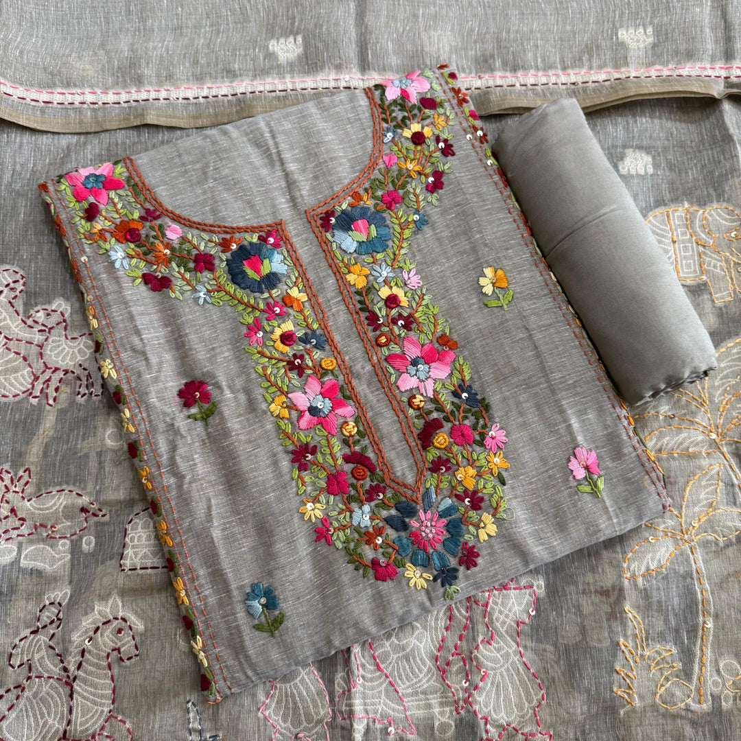 Elegant Chanderi Cotton Mirror & Phulkari Embroidery Unstitched Suit Set - NS0872-2