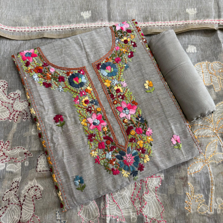 Elegant Chanderi Cotton Mirror & Phulkari Embroidery Unstitched Suit Set - NS0872-2