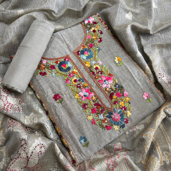 Elegant Chanderi Cotton Mirror & Phulkari Embroidery Unstitched Suit Set - NS0872-2