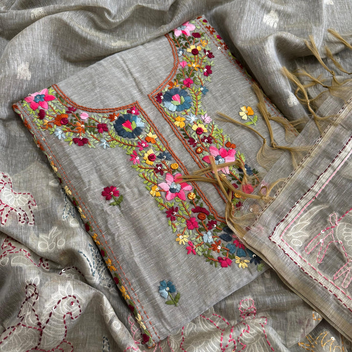 Elegant Chanderi Cotton Mirror & Phulkari Embroidery Unstitched Suit Set - NS0872-2