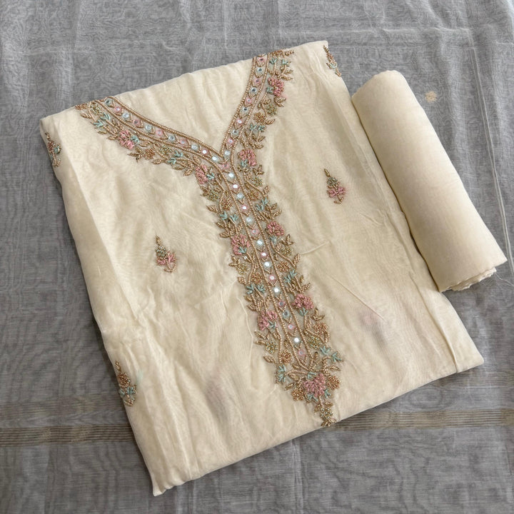 Mal Chanderi Unstitched Suit Set with Elegant Dabka & Pearl Work - NS0845 - C