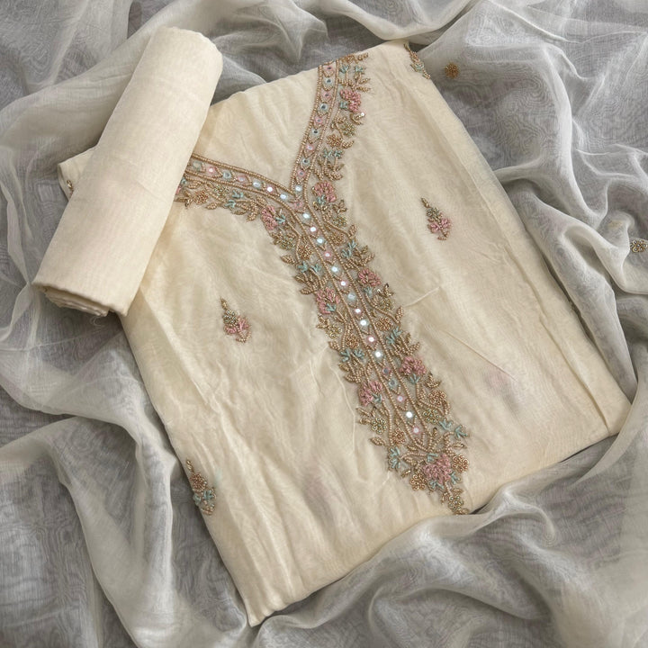 Mal Chanderi Unstitched Suit Set with Elegant Dabka & Pearl Work - NS0845 - C