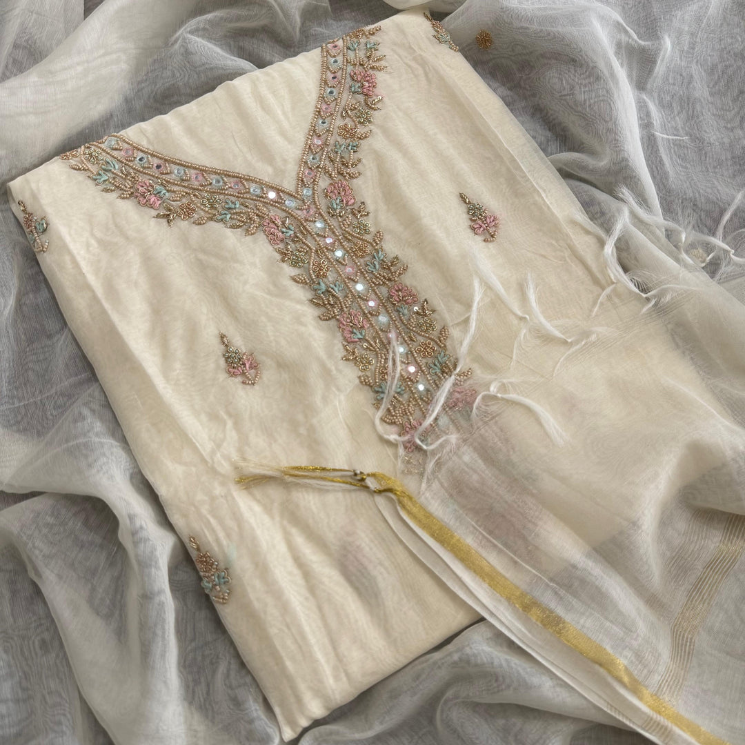 Mal Chanderi Unstitched Suit Set with Elegant Dabka & Pearl Work - NS0845 - C