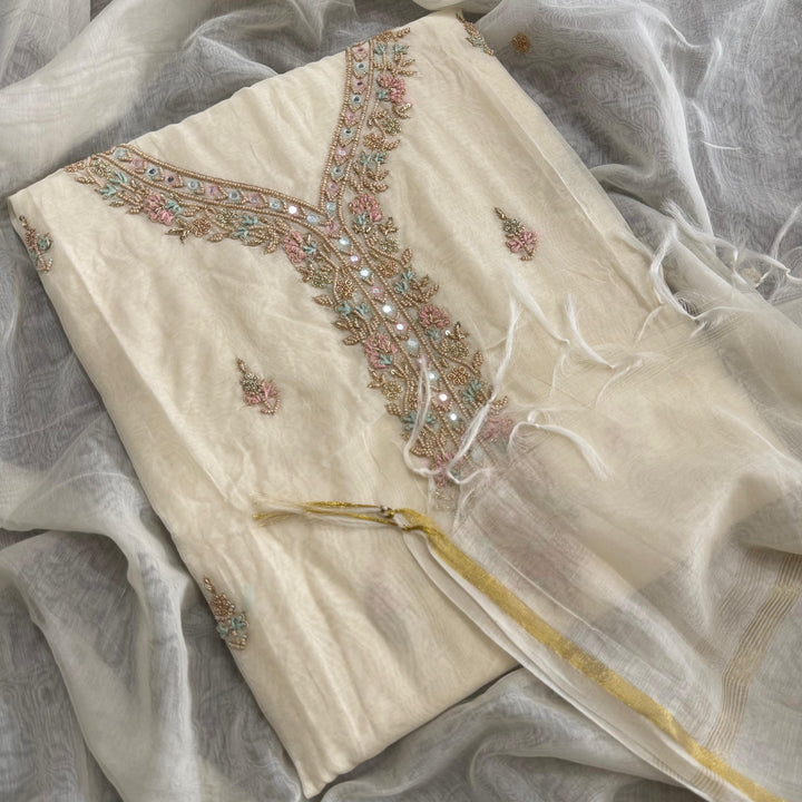 Mal Chanderi Unstitched Suit Set with Elegant Dabka & Pearl Work - NS0845 - C