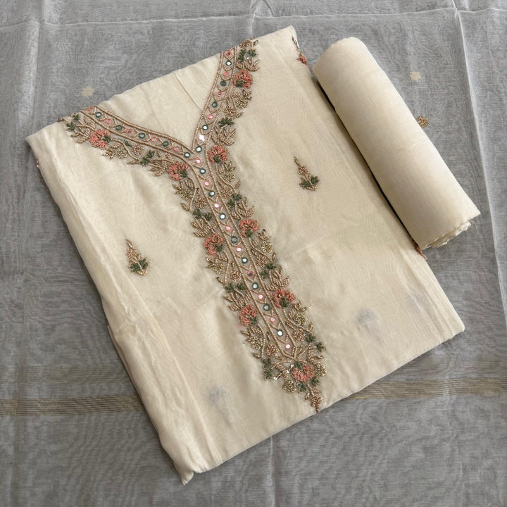 Mal Chanderi Unstitched Suit Set with Elegant Dabka & Pearl Work - NS0845 - B