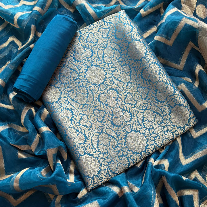 Premium Tanchui Silk Unstitched Suit Set with Luxurious Woven Detailing - ECE991 - 10