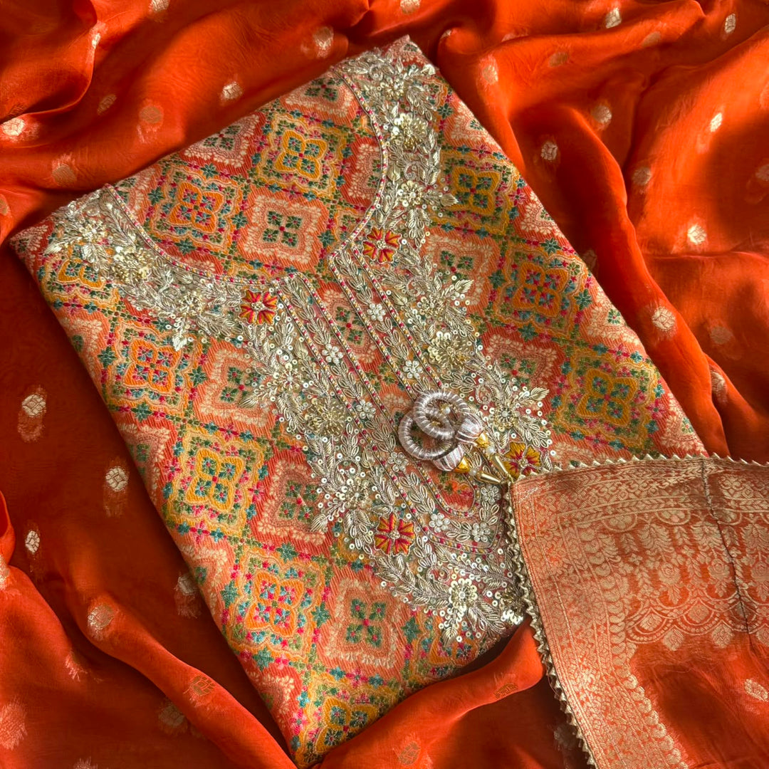 Premium Tissue Silk  Unstitched Suit Set With Intricate Dabka & Sequins Embroidery | RC2480-1
