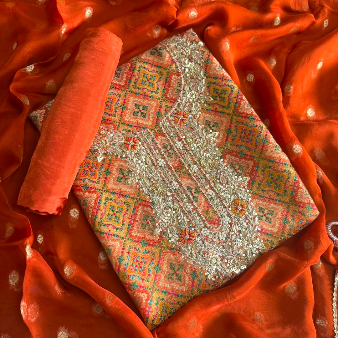 Premium Tissue Silk  Unstitched Suit Set With Intricate Dabka & Sequins Embroidery | RC2480-1